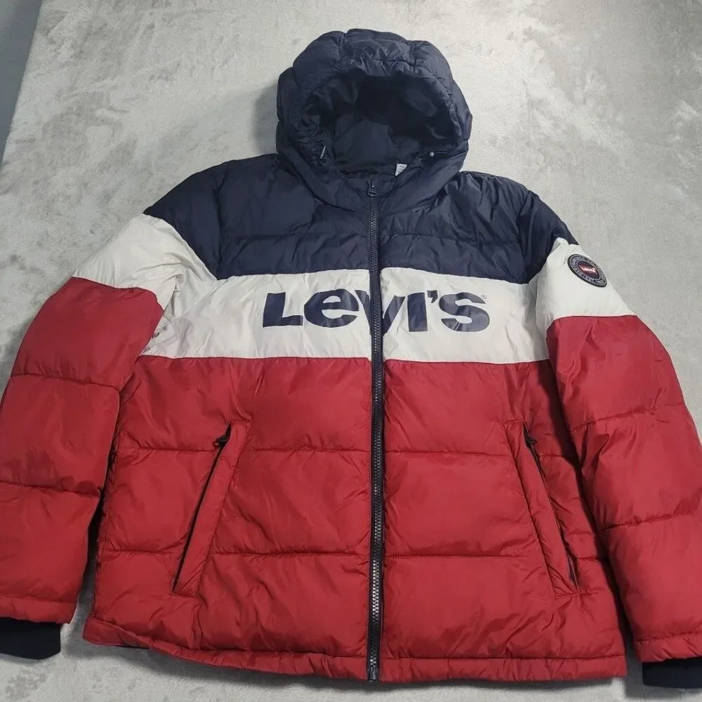 Levi's Men's Rocket Hooded Puffer Jacket XXL Colorblock Navy Red White Coat